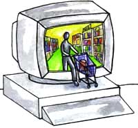 Person pushing shopping cart out of
computer and into the user's room.